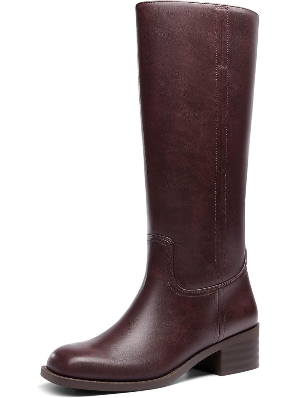 Women's Burgundy Square Toe Chunky Low Block Heel Comfortable Knee High Boots